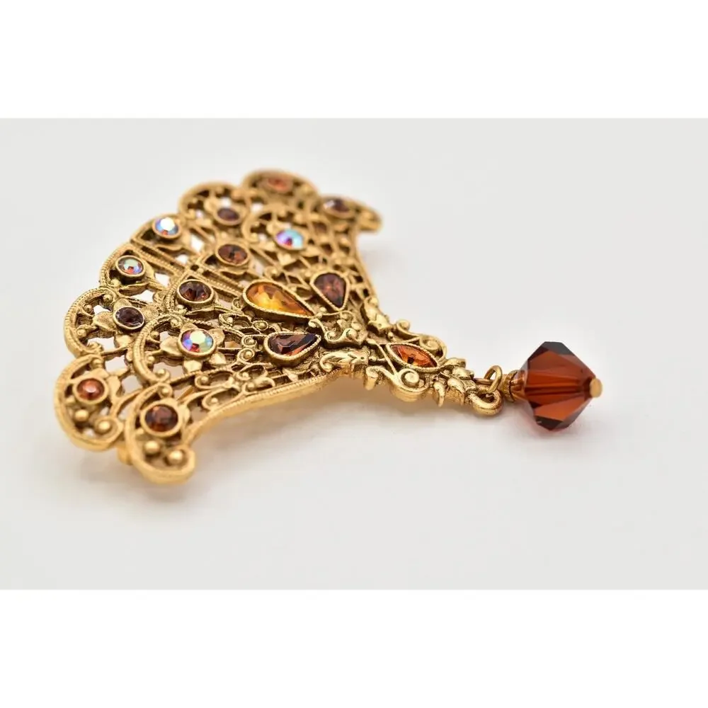 1928 Vintage Brooch Pin Fan Amber Dangle Rhinestone Crystal Gold Tone 80s BinBG